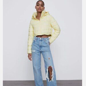 ZARA Quilted Water Repellent Cropped Puffer Jacket Hooded Yellow Size Small